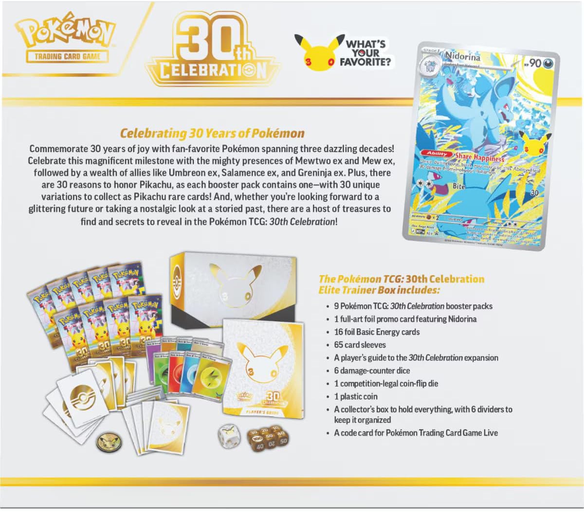 Pokémon TCG: 30th Celebration Elite Trainer Box (1 Full-Art Promo Card, 9 Booster Packs & Premium Accessories)
